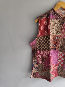 Veste sans manches en coton tricoté à col mandarin pour femme, imprimé floral patchwork bohème, poches, respirante, écologique - Product Image 2
