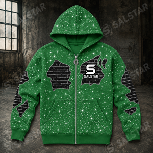 Sudadera con capucha verde con cremallera y pedrería personalizada para hombre – Sudadera premium estilo streetwear con estampado gráfico y logotipo personalizado - Product Image 4
