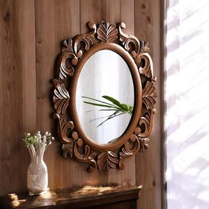 Miroir mural décoratif ovale en bois éco-responsable sculpté style Art Déco pour salon, chambre et entrée - Product Image 1