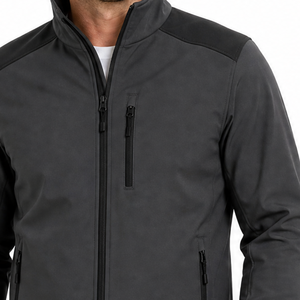 Veste softshell homme OEM gris foncé noir contrasté, col montant minimaliste, design bicolore, imperméable, fermeture éclair, poche poitrine. - Product Image 3