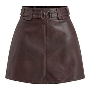 Minifalda de cuero sintético estilo western para mujer, con cinturón de hebilla, línea A, estilo retro, para festivales. - Product Image 1