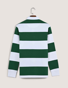 Polo de Rugby Personalizado de Alta Calidad para Hombre, Transpirable, Blanco con Rayas Teñidas en Verde, de Manga Larga y Corte Holgado - Product Image 3