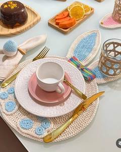 Handmade Easter Bunny Crochet Placemat Cute Floral Crown Rabbit Dining Mat Knitted Cotton Spring Holiday <b>Table</b> Decoration - Product Image 5