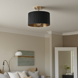 Plafonnier semi-encastré SIMIG, luminaire en forme de tambour doré avec abat-jour en tissu noir pour salon, chambre à coucher, salle à manger - Product Image 4