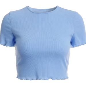 Women's Light <b>Blue</b> Ribbed <b>Crop</b> <b>Top</b> Cap Sleeve Crew Neck Knitted Casual Solid Color Slim Fit Spring Summer Wear - Product Image 1