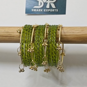 Premium Olive Green <b>Glass</b> <b>Bangles</b> Set with Gold Ghungroo Charms Handmade Traditional Indian Jewelry for Women - Product Image 2