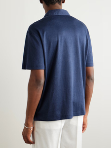Camisa de Hombre Azul Marino de Algodón Piqué de Manga Corta, Color Sólido, Casual, Transpirable, Corte Regular, Cuello Johnny, Estampado Digital - Product Image 4