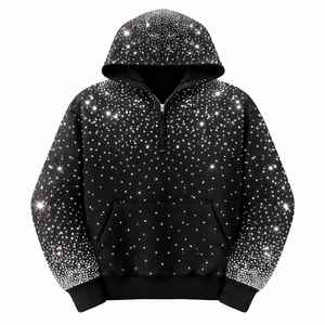Custom Oversized Rhinestone Hoodie Black Glitter Streetwear <b>Quarter</b> <b>Zip</b> Pullover for Wholesale <b>Women</b> Men Apparel - Product Image 1