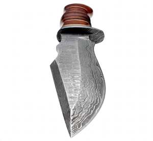 Couteau à lame fixe multi-ébavures en acier Damas forgé à la main, outil artisanal d'extérieur avec manche en cuir et bois empilés - Product Image 5