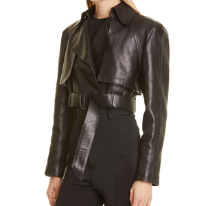 Women's Genuine <b>Leather</b> <b>Blazer</b> Full Sleeve Spread Collar Belted Closure Solid Color Autumn Wear Short Length - Product Image 5
