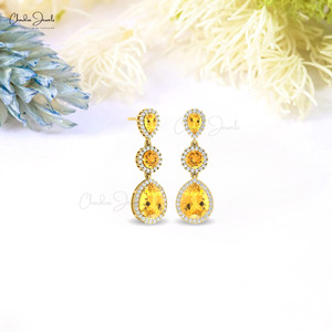 Top Quality 6.14 CTW Pear Cut Citrine & Diamond Engagement & Wedding <b>Earrings</b> 14k Solid Gold Halo Dangle Design Wholesale Price - Product Image 5
