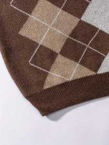 Pull en tricot à col en V pour homme, motif losanges, coupe ajustée, style décontracté, pour l'automne et le printemps, couleur marron, vêtements en tricot pour homme - Product Image 5