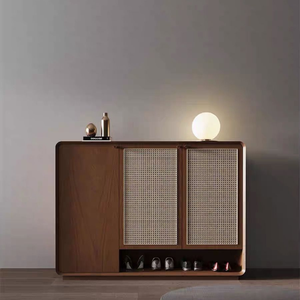 ตู้เก็บของไม้สักโค้งมนพร้อมบานประตูหวายธรรมชาติสานมือและชั้นวางแบบเปิด - Product Image 1