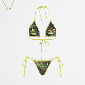 Ensemble de bikini pour femmes, tissu en polyester et élasthanne doux 240g, motif uni, bouton, logo personnalisé, taille haute, décolleté plongeant, respirant - Product Image 1