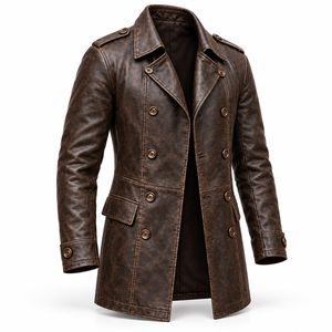 <b>Men's</b> Luxury Antique Brown <b>Leather</b> <b>Blazer</b> Double Breasted Ten Button Closure Classic Lapel Collar Distressed <b>Leather</b> Overcoat - Product Image 2