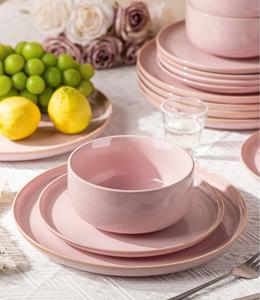Ensemble d'assiettes et de bols en céramique rose poudré, finition brillante, design rond élégant, empilables, vaisselle durable pour une table moderne - Product Image 6