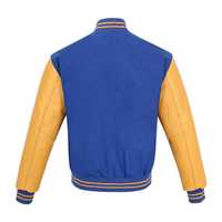 Blouson Bomber Varsity pour Homme en Mélange de Laine Bleu et Jaune, Manches en Cuir de Mouton, Col Montant, Logo Avant, Boutons, Hiver, Grammage Lourd