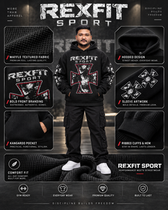 Men's <b>Black</b> Waffle Zipper Hoodie Cross Graphic Sleeve Print Regular Fit Streetwear Heavyweight 100% Cotton 370g <b>Sweatshirt</b> - Product Image 3