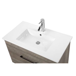 Tocador de baño de grano de madera gris minimalista moderno de 32 pulgadas, cajones dobles montados en la pared, sistema de cierre suave, fregadero de cerámica blanca negro - Product Image 6