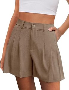 High Waisted <b>White</b> <b>Linen</b> Pleuche <b>Fabric</b> Washed Finish Comfortable Solid Pattern Bermuda Shorts Elastic Waist Casual Style 220g - Product Image 3