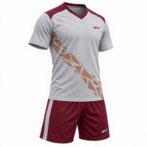 Ensemble maillot et short de football pour homme, gris et bordeaux, imprimé géométrique, col en V, manches courtes, anti-humidité, coupe athlétique - Product Image 2