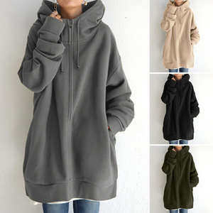 Sweat-shirts à capuche zippés respirants pour femmes, style streetwear, coupe oversize, pour l'automne, décontractés, longs, en polaire, avec poches - Product Image 4