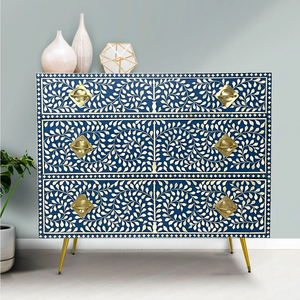 Commode à 3 tiroirs en bois fait main avec incrustations florales bleues et blanches, meuble de salon moderne du milieu du siècle - Product Image 2