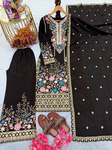Robe de soirée pour femme en satin floral, viscose lourde, broderie en soie, coupe trapèze, longueur au sol, lavable à la main, de haute qualité, style indien pakistanais - Product Image 5