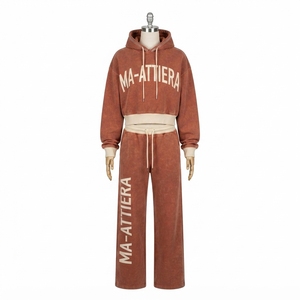 Conjunto de Sudadera Corta y Pantalones Jogger de Pierna Ancha para Mujer, Estilo Acid Wash Marrón Óxido, de Algodón y Felpa, Ropa Deportiva Urbana, OEM al por Mayor - Product Image 3