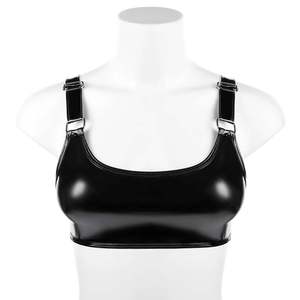 Débardeur court noir en cuir verni pour femme, col rond, sexy, pour club, couleur unie, tricoté en Spandex et Polyester - Product Image 1