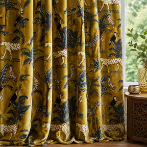 Vintage Style Velvet <b>Curtain</b> Mustard Yellow Jungle Print Drapes Home Decor Cotton Luxury Cotton Velvet Vintage Style - Product Image 1