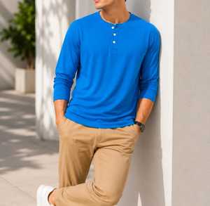 เสื้อเชิ้ตแขนยาวสีน้ำเงินสำหรับผู้ชาย ทรงปกติ ผ้าถัก สวมใส่สบาย 100% ผ้าฝ้าย ODM ย้อมสีพื้น เป็นมิตรกับสิ่งแวดล้อม ระบายอากาศได้ดี - Product Image 1