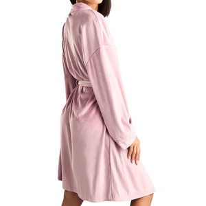Bata de satén para mujer con cuello mandarín, manga tres cuartos, largo corto, color rosa liso, suave y cómoda, con cintura elástica y ribete de encaje - Product Image 5
