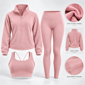 Conjunto de yoga sencillo de 3 piezas para mujer: Top deportivo de forro polar con media cremallera y espalda cruzada, sujetador deportivo y leggings de cintura alta de secado rápido para invierno - Product Image 6