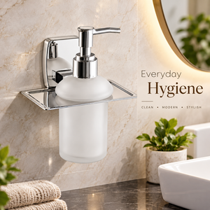 Distributeur de savon liquide mural pour salle de bain, bouteille en verre dépoli, finition chromée en acier inoxydable, moderne, écologique, robuste - Product Image 2