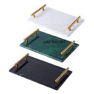 Juego de 3 bandejas de mesa para servir alimentos, bandejas modernas superiores blancas, verdes y grises con mango dorado, bandeja de mármol con forma rectangular a la venta - Product Image 1