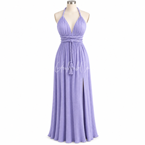 Robe longue élégante lavande à col halter avec ceinture ajustable, en tissu doux et respirant, fente stylée, idéale pour l'été, la plage, les soirées et les fêtes - Product Image 1