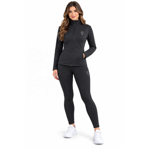 Ensemble de vêtements d'équitation pour femmes, pantalon noir et veste zippée intégrale avec empiècements antidérapants, poches latérales et coupe extensible pour l'équitation - Product Image 1