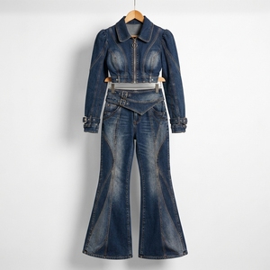 <b>Women</b> <b>Blue</b> Denim Jacket and <b>Jeans</b> Set Two Piece Casual Summer Y2K Straight Leg - Product Image 5