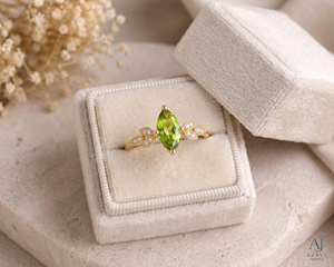 Anillo de Moissanita con Corte Marquesa y Peridoto, Chapado en Oro sobre Plata de Ley, Diseño de Racimo de Hojas, Joyería para Regalo de Boda o Compromiso - Product Image 3