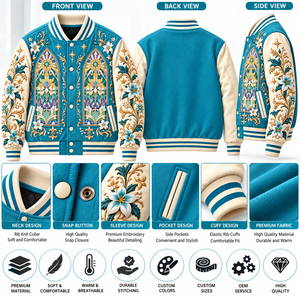 Chaqueta Varsity Bordada Color Verde Azulado para Hombre, Chaqueta de Béisbol con Botones a Presión y Diseño Floral de Vitral - Product Image 6