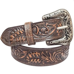 Cinturón de Cuero Grabado y Repujado con Diseño Floral Estilo Western Vintage Marrón Unisex al por Mayor para Vaqueros y Vaqueras - Product Image 1