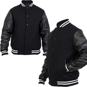 Veste varsity noire pour homme, manches en cuir PU, couleur unie, col rabattu, coupe classique, vêtement d'automne - Product Image 1