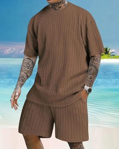 Ensemble deux pièces tricoté décontracté à col rond imprimé couleur unie T-shirt de sport pour homme coupe décontractée - Product Image 1