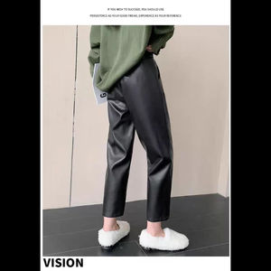 Pantalon en cuir PU élastique noir pour femme, nouvelle collection automne-hiver 2025, taille haute, coupe droite, style Dad, pantalon harem à longueur cheville - Product Image 5