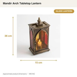 Antique Brass Tabletop Lantern 26 cm Handmade Glass & Brass Candle Holder with Double Flame <b>Mandir</b> Arch Home Decorative Item - Product Image 6