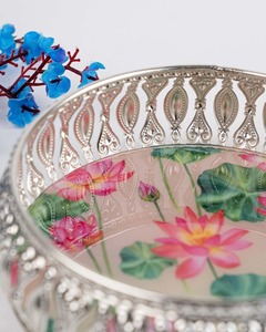 Luxury Round Floral Metal Decorative Tray <b>Silver</b> Iron Vanity Tray Handmade Lotus Serving Tray <b>Coffee</b> <b>Table</b> Organizer Wedding Use - Product Image 6