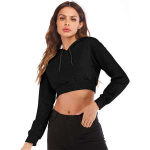 Sudadera con Capucha Corta Negra para Mujer, Manga Larga, Color Sólido, Estilo Casual Urbano, Top con Capucha Tejido para Otoño - Product Image 3