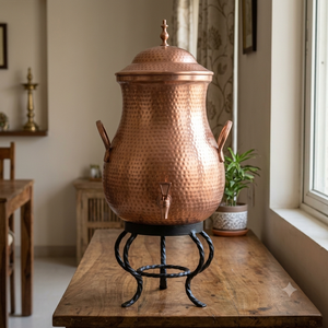 Distributeur de boissons en cuivre martelé artisanal avec couvercle, robinet et support en fer pour la maison, l'hôtel, le restaurant, la restauration, la vente en gros, en vrac, B2B - Product Image 3