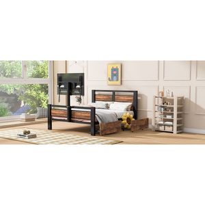 Letto a piattaforma in metallo nero, misura twin, con testiera e pediera in MDF, due cassetti portaoggetti e supporto TV girevole - Product Image 6